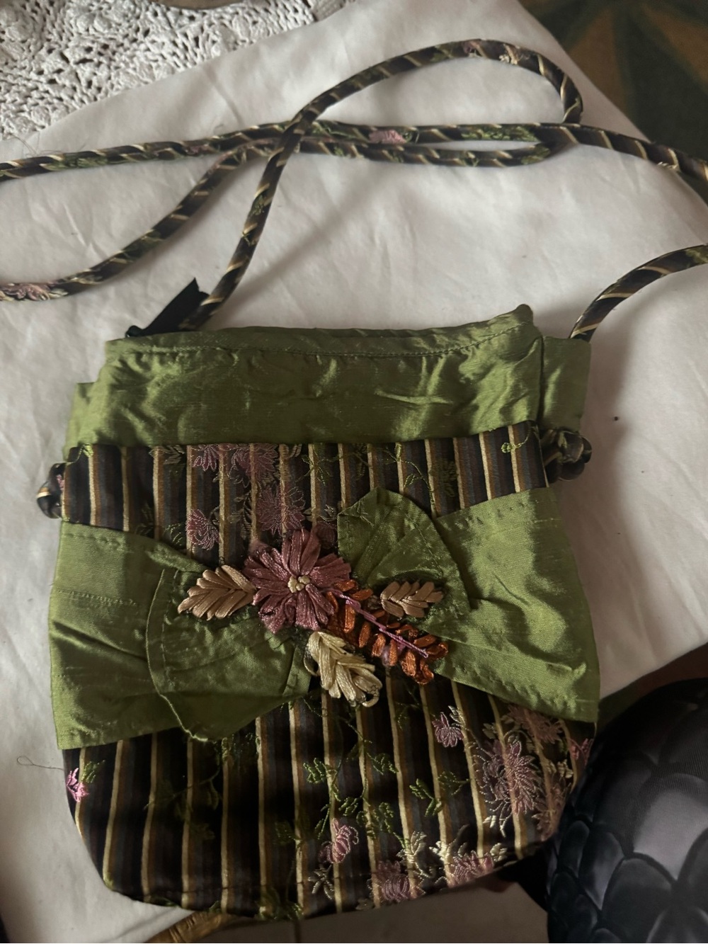 Embroidered Olive Green Floral Bow Crossbody Bag